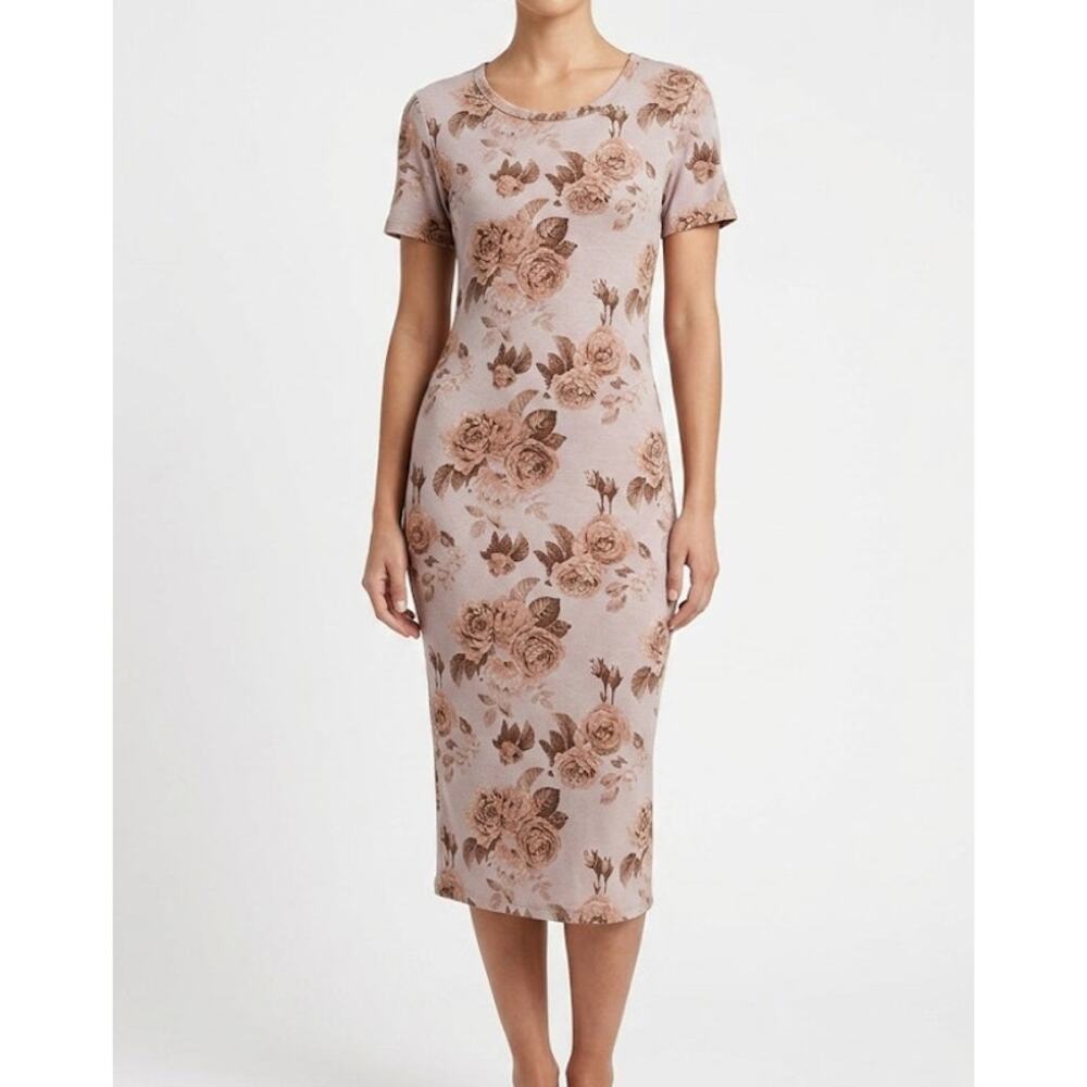 Rue 21 Floral Bodycon Dress Blush Brown Rose Faux Suede Vintage Inspired Large